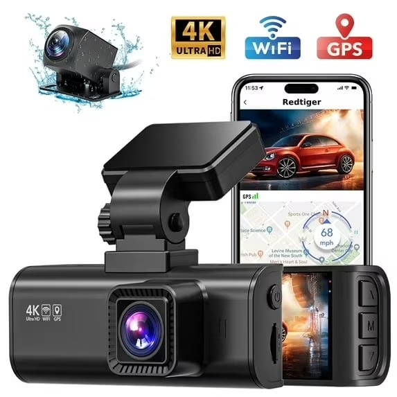 REDTIGER Dash Cam Front and Rear, Dash Cam 4K with WiFi & GPS, 4K/2.5K Front+1080P Rear Dashcam, Dash Camera with Night Vision, 3.18'' LCD Screen, Loop Recording, Black